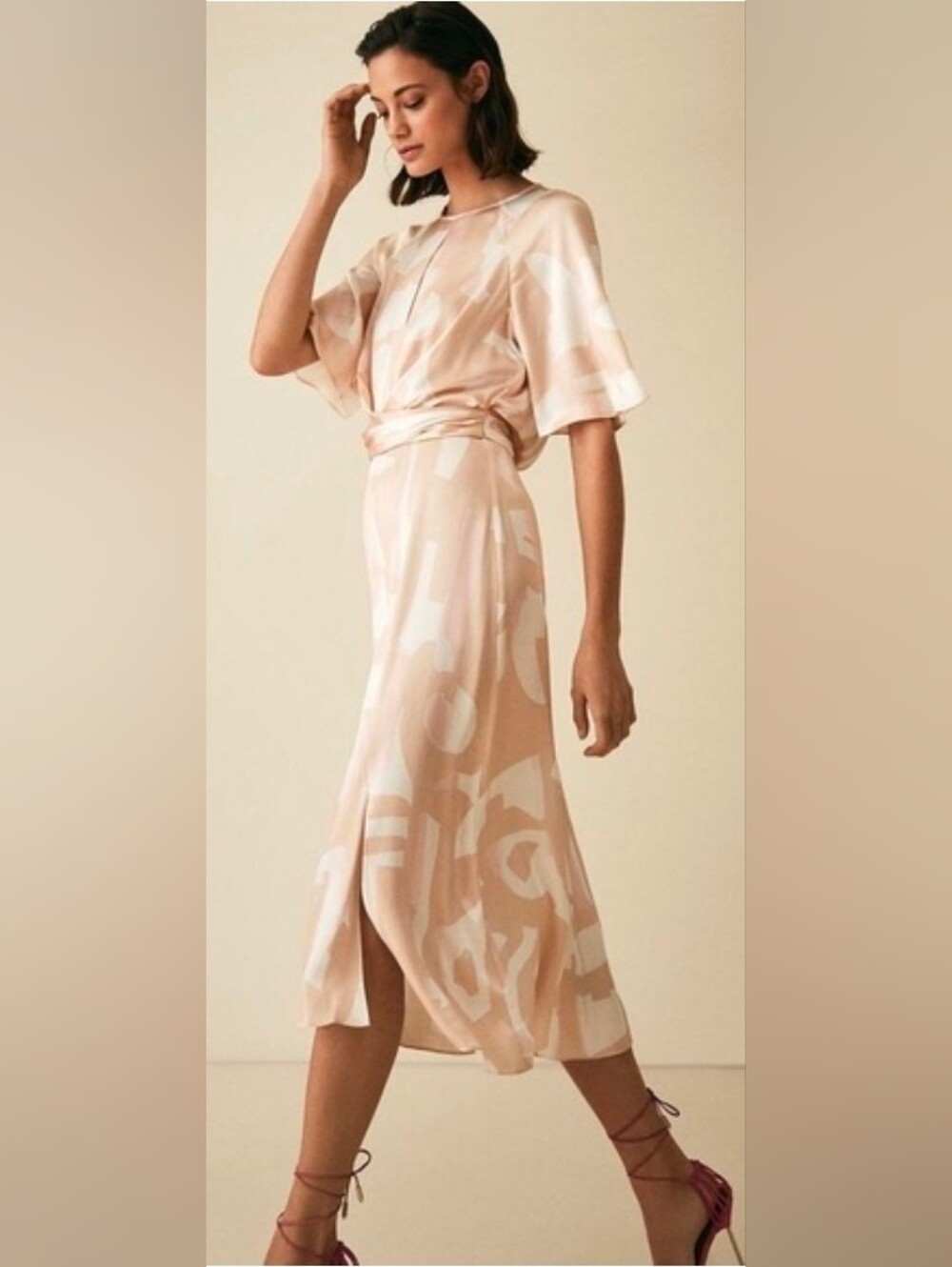 Reiss Arlo Half Sleeve Abstract Printed Midi Dress Pink & White Size 0